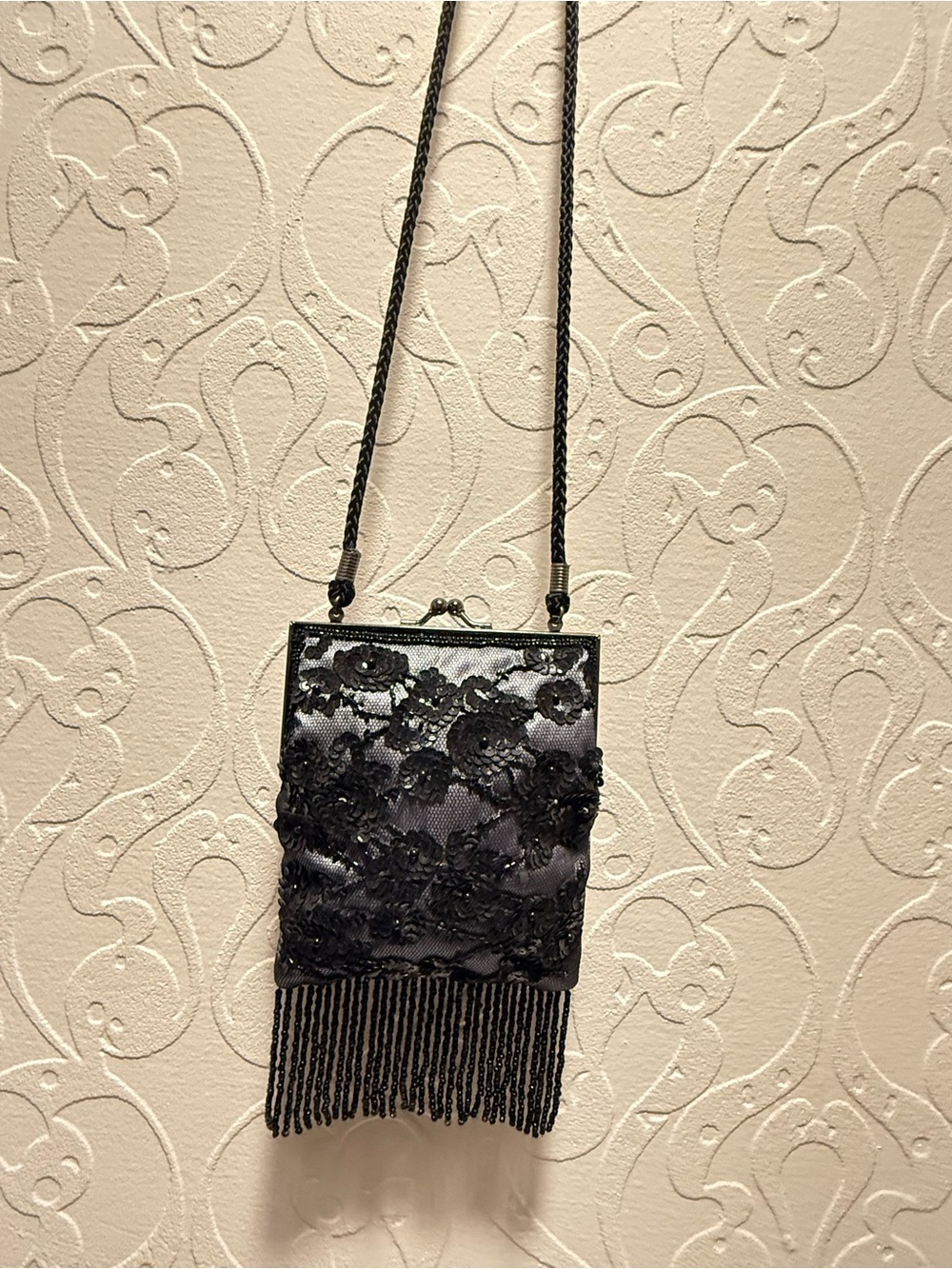 Vintage Lancôme Black Lace Evening Fringe Crossbody Bag